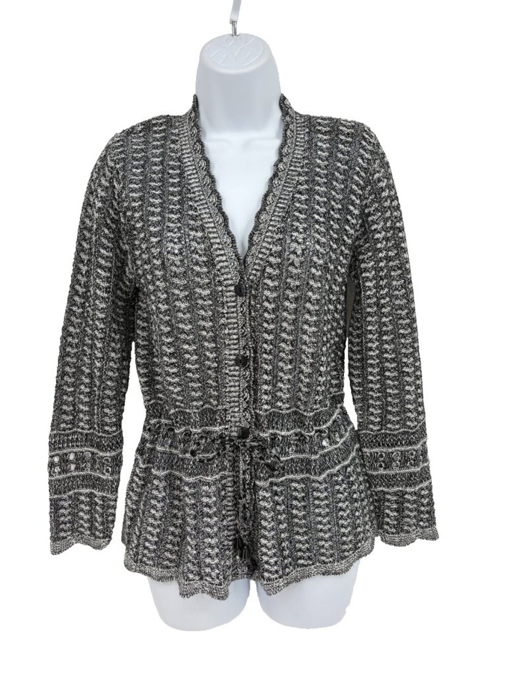 ASOS VTG Crochet Cardigan Sweater Black White Drawstring Waist Sz M Whimsigoth